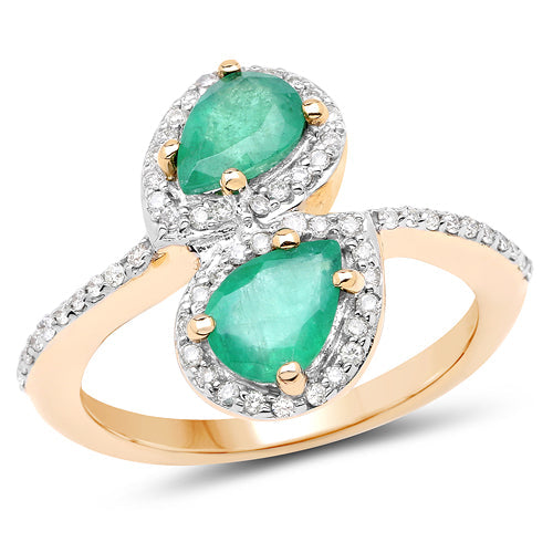 2.06 Carat Genuine Zambian Emerald &amp; White Zircon 14K Yellow Gold Ring