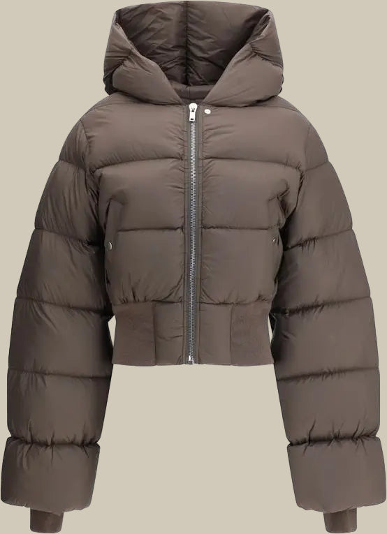 Brown puffer jacket with a hood on a white background