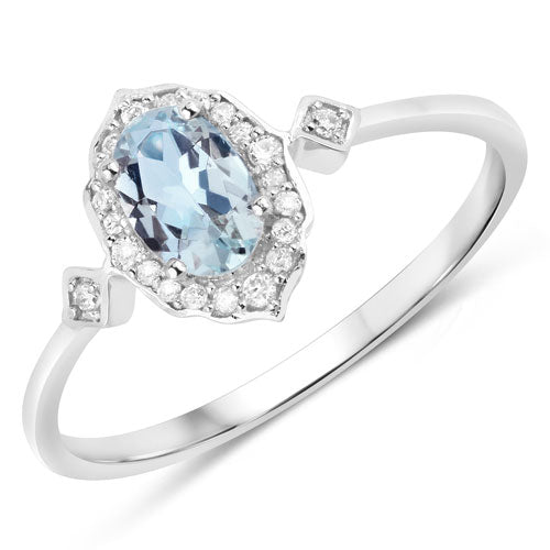 0.48 Carat Genuine Aquamarine and White Diamond 14K White Gold Ring