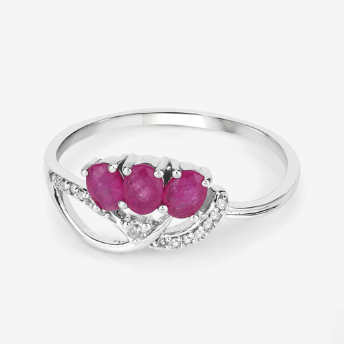 0.71 Carat Genuine Ruby and White Diamond 14K White Gold Ring