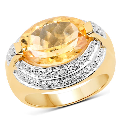 14K Yellow Gold Plated 5.06 Carat Genuine Citrine &amp; White Diamond .925 Sterling Silver Ring