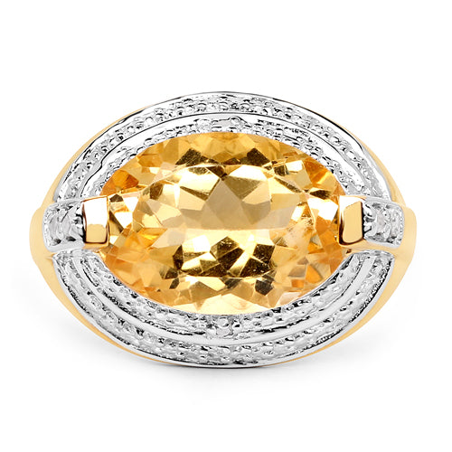 14K Yellow Gold Plated 5.06 Carat Genuine Citrine &amp; White Diamond .925 Sterling Silver Ring