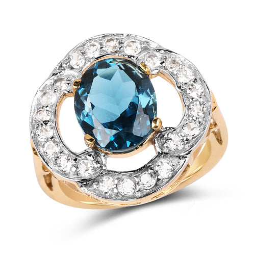 14K Yellow Gold Plated 5.13 Carat Genuine London Blue Topaz &amp; White Topaz .925 Sterling Silver Ring