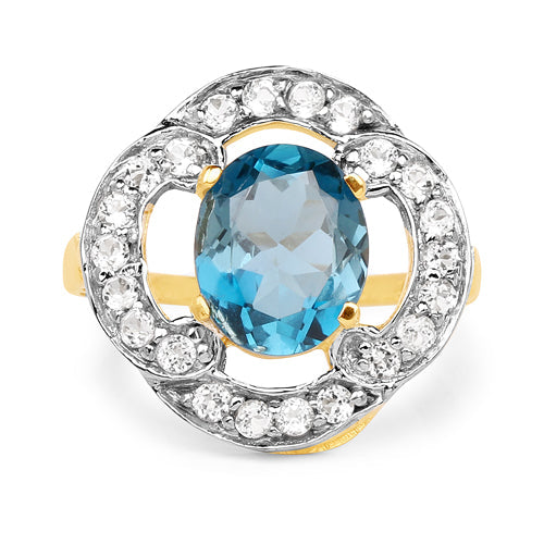14K Yellow Gold Plated 5.13 Carat Genuine London Blue Topaz &amp; White Topaz .925 Sterling Silver Ring