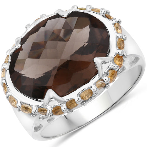 Two Tone Plated 9.58 Carat Genuine Smoky Quartz &amp; Citrine .925 Sterling Silver Ring