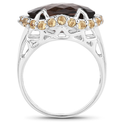 Two Tone Plated 9.58 Carat Genuine Smoky Quartz &amp; Citrine .925 Sterling Silver Ring