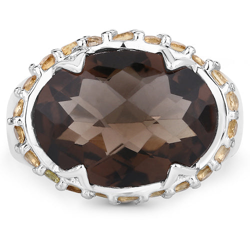 Two Tone Plated 9.58 Carat Genuine Smoky Quartz &amp; Citrine .925 Sterling Silver Ring
