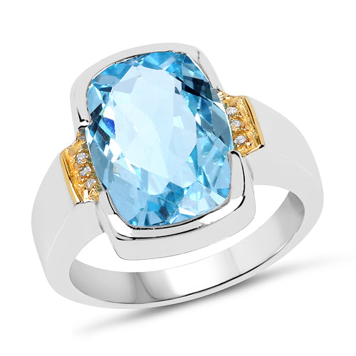 Two Tone Plated 6.93 Carat Genuine Blue Topaz &amp; White Topaz .925 Sterling Silver Ring