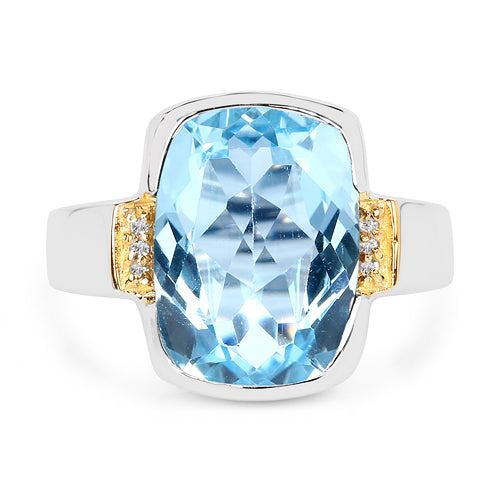 Two Tone Plated 6.93 Carat Genuine Blue Topaz &amp; White Topaz .925 Sterling Silver Ring