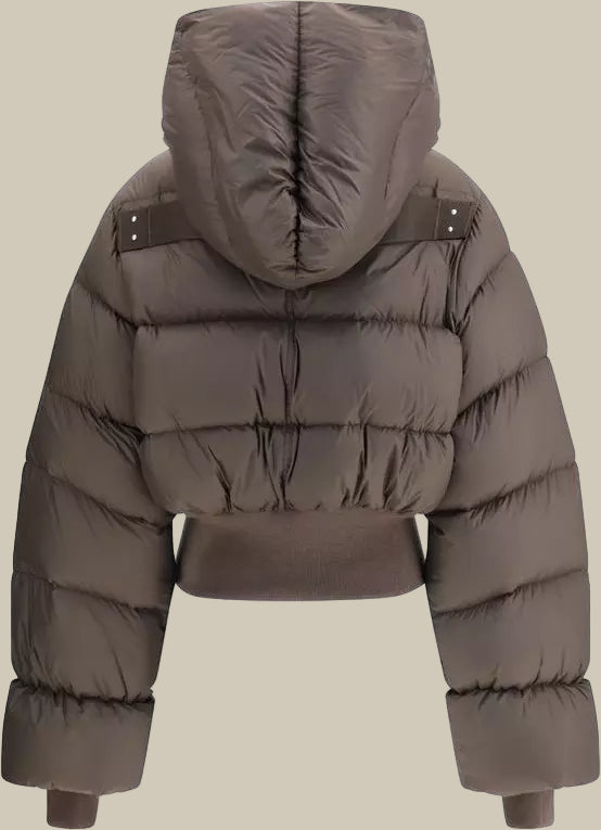 Brown puffer jacket with a hood on a white background