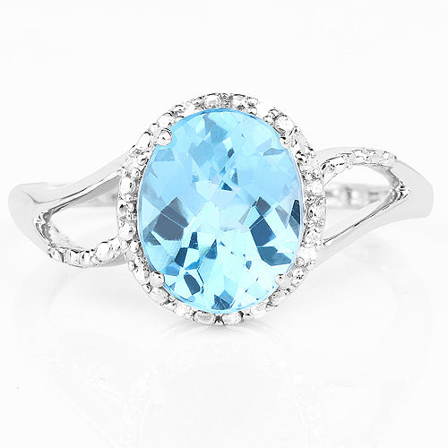 3.29 Carat Genuine Swiss Blue Topaz and White Diamond 10K White Gold Ring