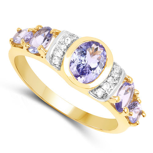 14K Yellow Gold Plated 1.64 Carat Genuine Tanzanite &amp; White Topaz .925 Sterling Silver Ring