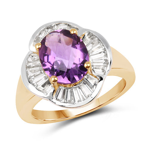 14K Yellow Gold Plated 3.35 Carat Genuine Amethyst &amp; White Topaz .925 Sterling Silver Ring