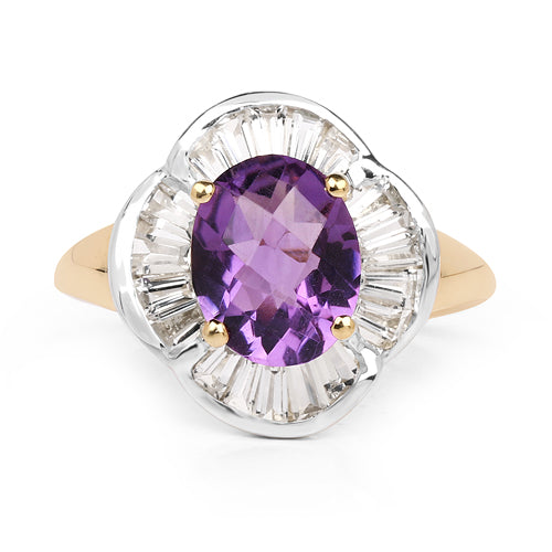 14K Yellow Gold Plated 3.35 Carat Genuine Amethyst &amp; White Topaz .925 Sterling Silver Ring