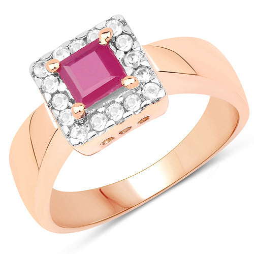 14K Rose Gold Plated 1.26 Carat Genuine Glass Filled Ruby &amp; White Topaz .925 Sterling Silver Ring