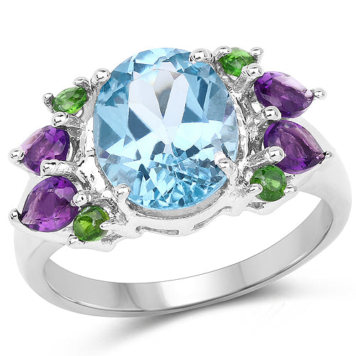 4.00 Carat Genuine Swiss Blue Topaz, Chrome Diopside &amp; Amethyst .925 Sterling Silver Ring