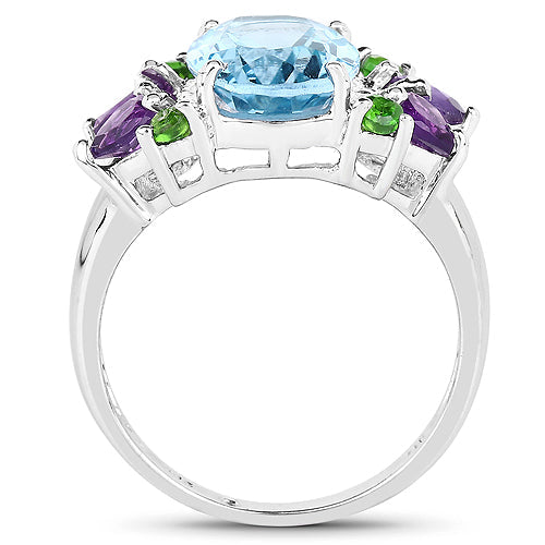 4.00 Carat Genuine Swiss Blue Topaz, Chrome Diopside &amp; Amethyst .925 Sterling Silver Ring