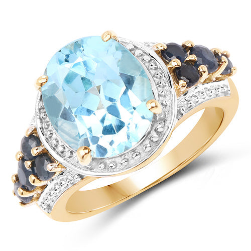 14K Yellow Gold Plated 5.80 Carat Genuine Blue Topaz &amp; Blue Sapphire .925 Sterling Silver Ring