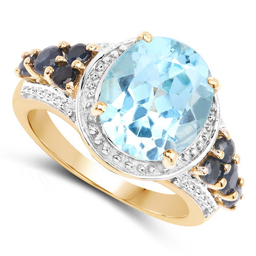 14K Yellow Gold Plated 5.80 Carat Genuine Blue Topaz &amp; Blue Sapphire .925 Sterling Silver Ring