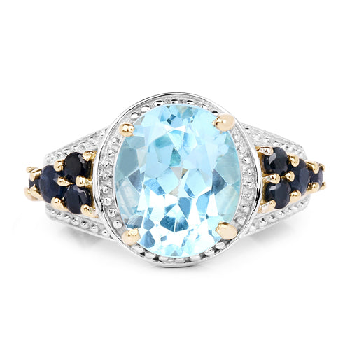 14K Yellow Gold Plated 5.80 Carat Genuine Blue Topaz &amp; Blue Sapphire .925 Sterling Silver Ring