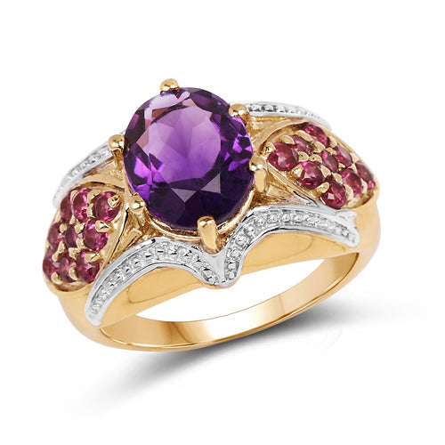 14K Yellow Gold Plated 3.01 Carat Genuine Amethyst &amp; Rhodolite .925 Sterling Silver Ring