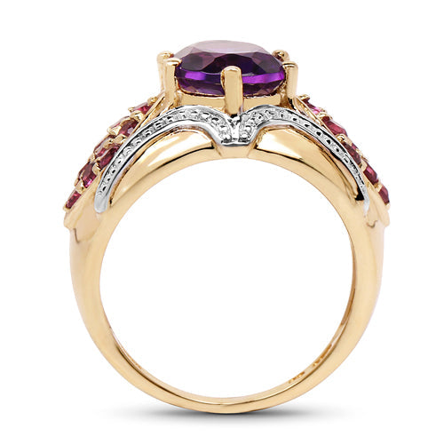 14K Yellow Gold Plated 3.01 Carat Genuine Amethyst &amp; Rhodolite .925 Sterling Silver Ring