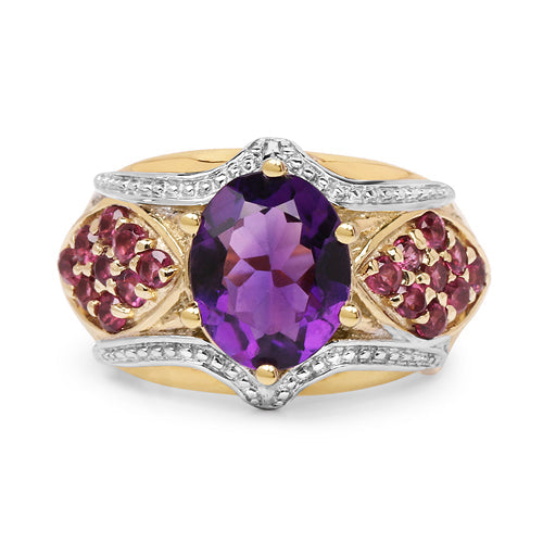 14K Yellow Gold Plated 3.01 Carat Genuine Amethyst &amp; Rhodolite .925 Sterling Silver Ring