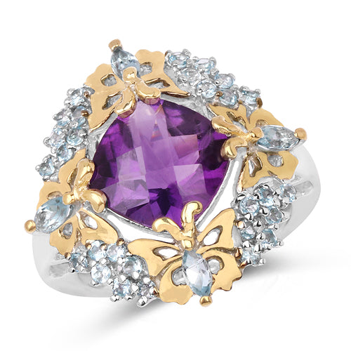 Two Tone Plated 4.45 Carat Genuine Amethyst &amp; Blue Topaz .925 Sterling Silver Ring