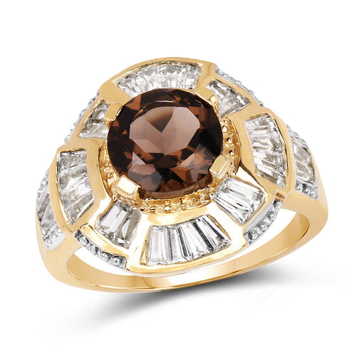 14K Yellow Gold Plated 4.18 Carat Genuine Smoky Quartz &amp; White Topaz .925 Sterling Silver Ring