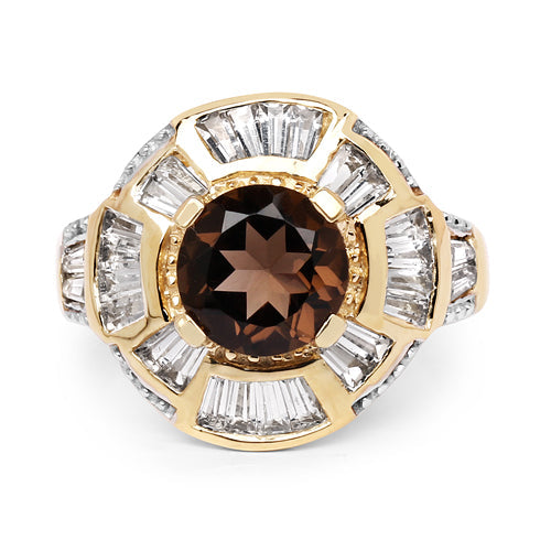 14K Yellow Gold Plated 4.18 Carat Genuine Smoky Quartz &amp; White Topaz .925 Sterling Silver Ring