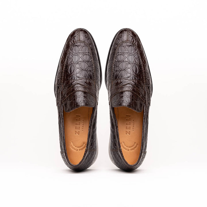 11-201-NIC ROMA Crocodile Penny Loafer, Nicotine