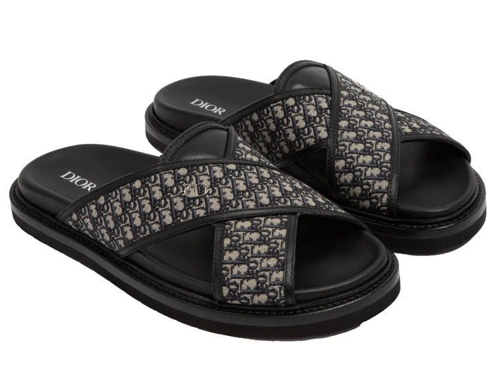 Dior Mens Aqua Sandal Beige Black Blue Oblique Jacquard Logo Slide Slip On