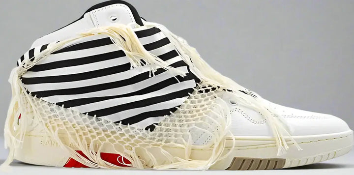 White high-top sneaker with black and white striped pattern on a white background