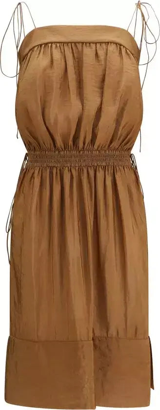 Brown strapless dress with a belt on a white background