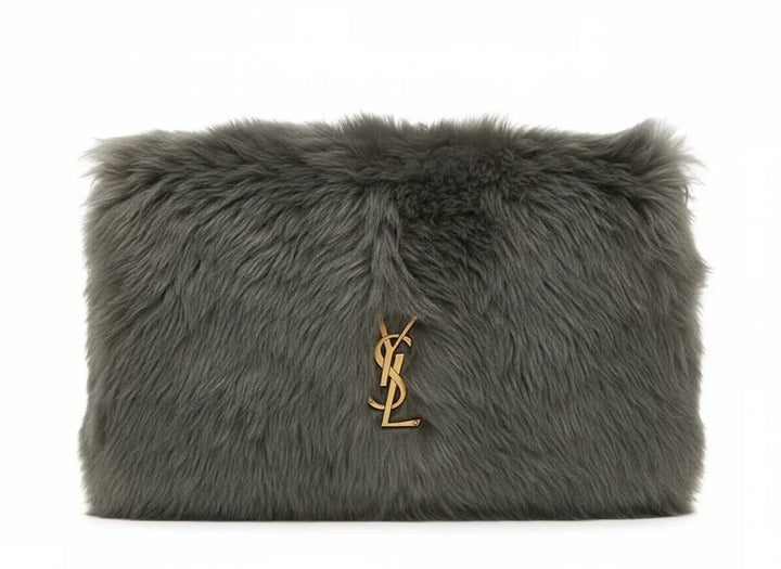 Gray fluffy clutch bag with a brand logo on a white background