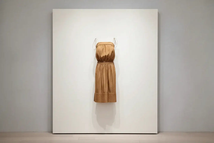 Brown strapless dress with a belt on a white background