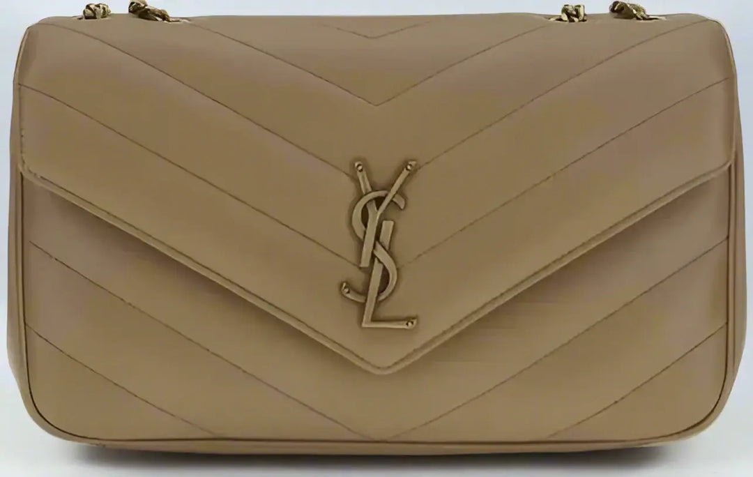 Beige handbag with a brand logo on a white background