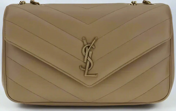 Beige handbag with a brand logo on a white background