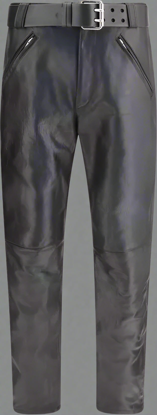 Black leather pants with zippers and a belt on a plain background