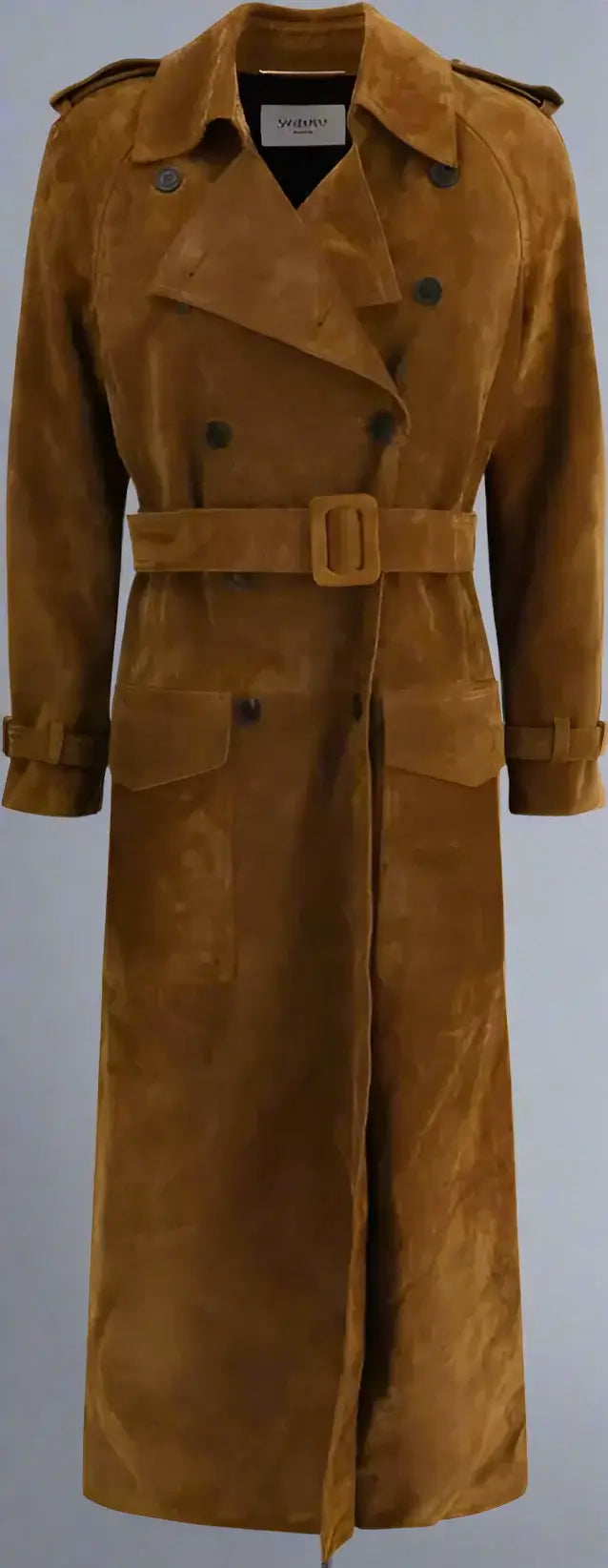 Brown suede trench coat with a belt on a plain background