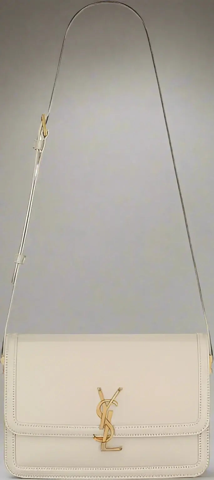 Beige handbag with gold logo on a white background