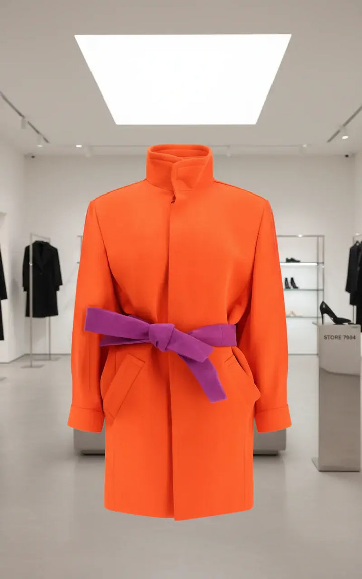 Orange coat with a purple belt on a white background