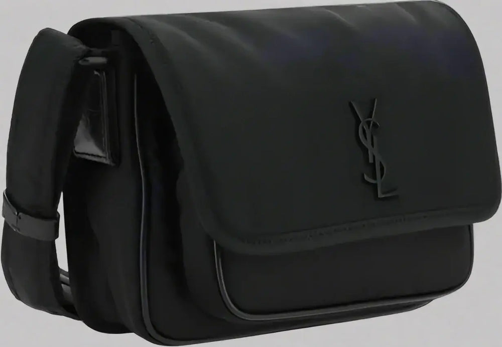 Black shoulder bag with a brand logo on a white background