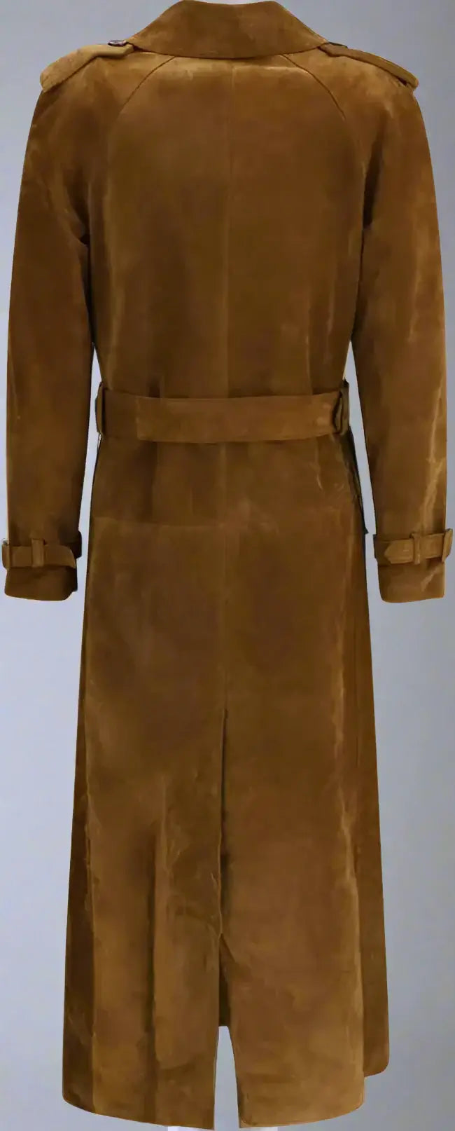 Brown suede trench coat on a plain background