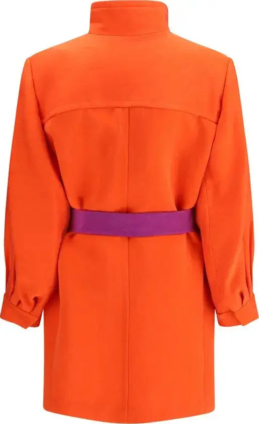 Orange coat with a purple belt on a white background