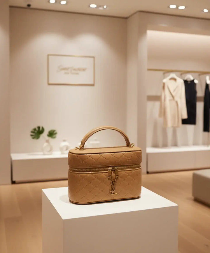 Quilted beige handbag with gold zipper and logo on a white background