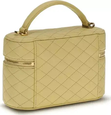 Beige quilted handbag with gold accents on a white background