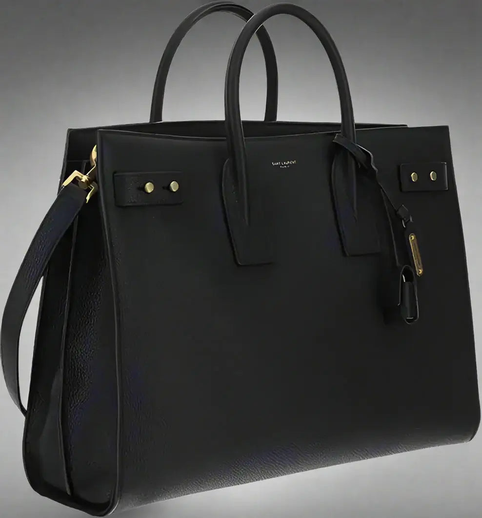 Black handbag with gold hardware on a white background