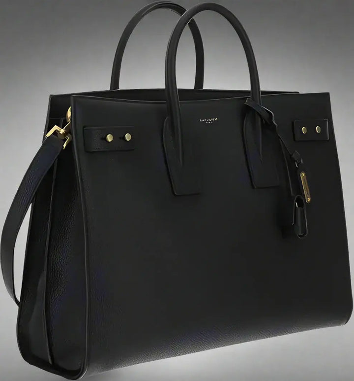 Black handbag with gold hardware on a white background