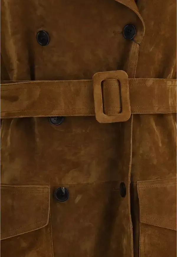 Close-up of a brown trench coat with a belt and buttons.
